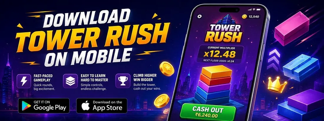 Tower Rush on mobile — portrait layout with BUILD and CASHOUT controls in thumb reach